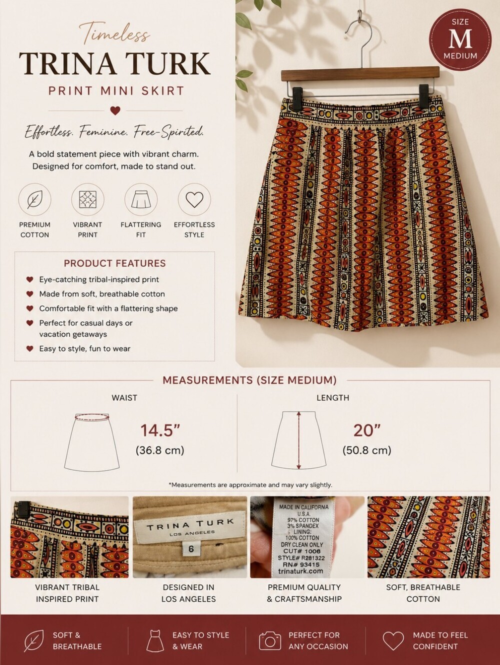 Trina Turk Tribal Print A-Line Skirt Cotton Spandex Size 6 Made in USA